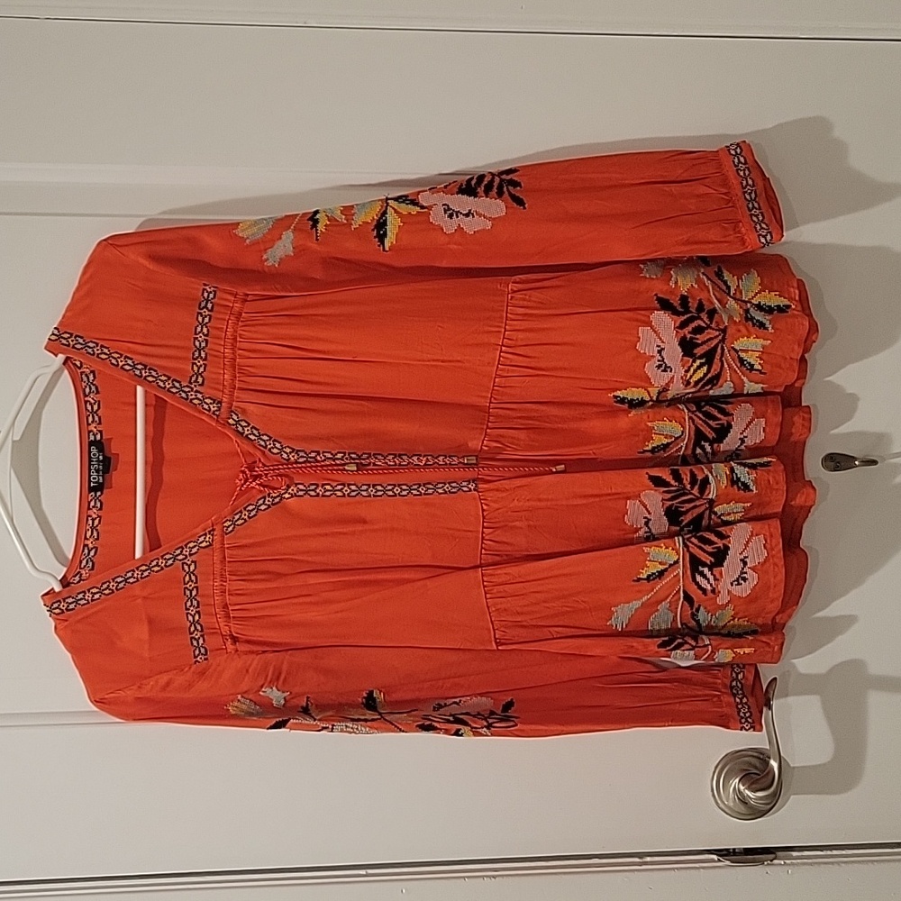 TOPSHOP Boho Embroidered Floral Blouse - Coral/Orange